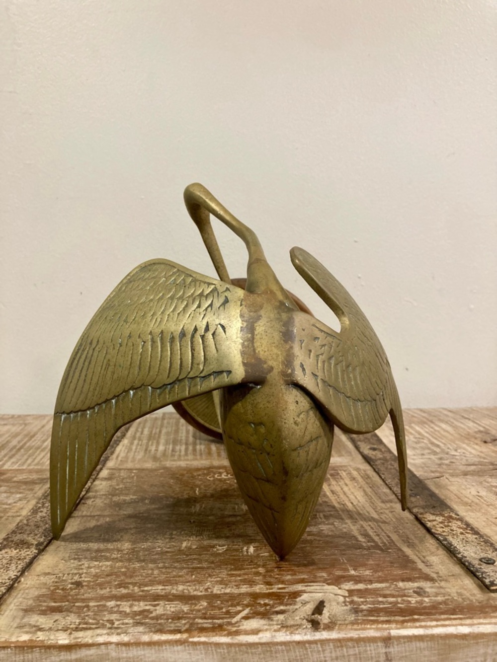 Vintage Crane Sculpture on Wood Base Mid Century Modern Decor 11.5” Brass Color - Picture 6 of 16
